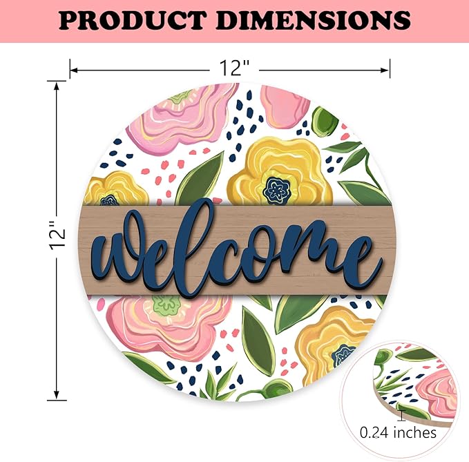 Welcome Spring Summer Flower Front Door Sign, Pink Yellow Floral Wood Door Hanger Outdoor Outside Porch Decor, Farmhouse Wooden Wreath Indoor Wall Hanging Decoration