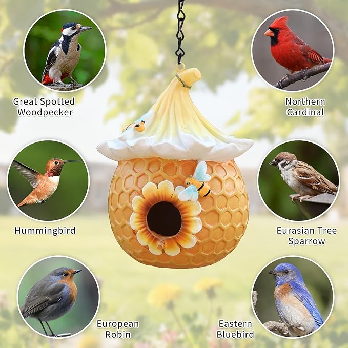 Bird Houses for Outside Pink Cottage Resin Birdhouse, Garden Outdoor Decor Bird House with Flower and Bees, Birdhouses for Outdoors for Bluebird Finches Cardinals