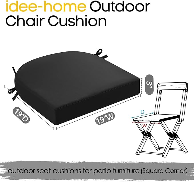 idee-home Outdoor Chair Cushions Set of 2, Thick 19" x 19" x 3" Outdoor Seat Cushions Patio Furniture Waterproof with Ties, Dining Pads