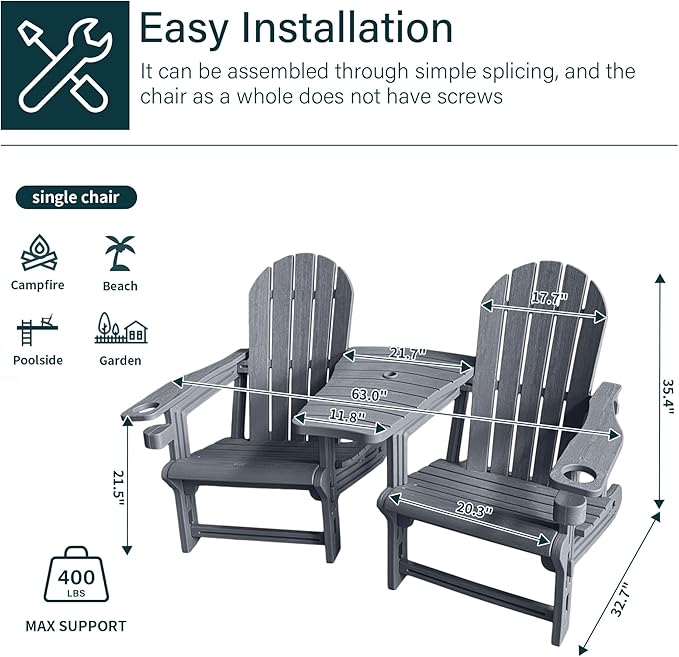 HDPE Adirondack Chairs Set of 2, All-Weather Patio Chairs,Wooden Textured Lawn Chair for Garden,Poolside, Backyard, Deck, Fire Pit,Grey