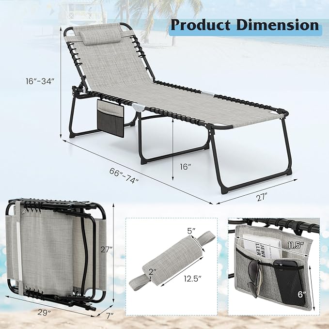 GYMAX Lounge Chair for Outside, 440lbs 27” Oversize Folding Beach Tanning Sunbath Chair with Adjustable Backrest & Removable Pillow, Lightweight Portable Patio Lounger for Lawn Poolside (1, Grey)