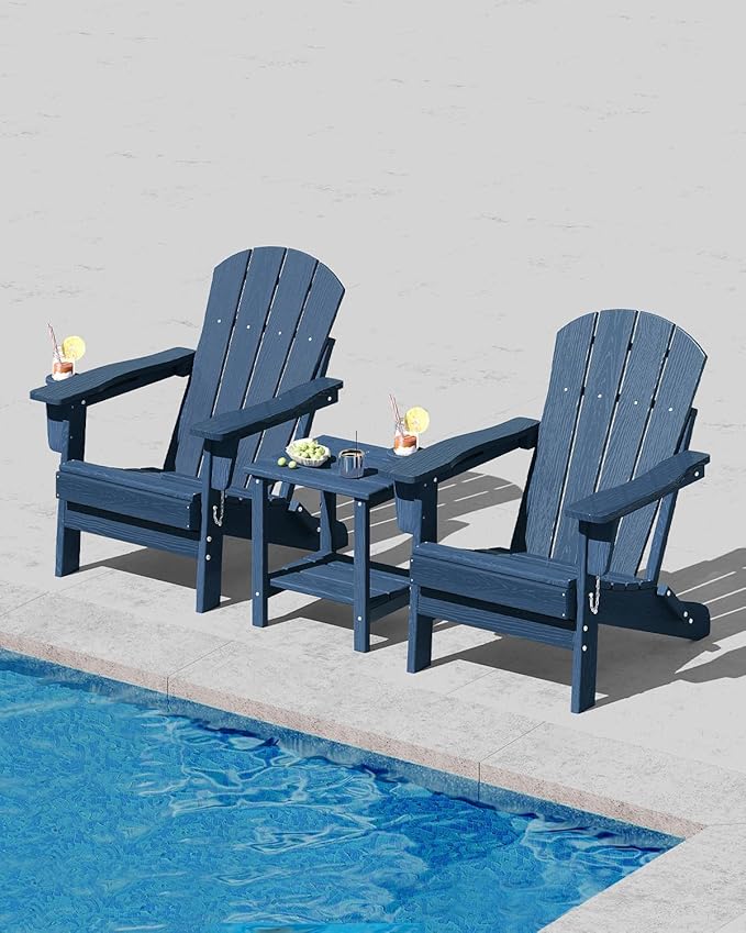 Folding Adirondack Chair Set of 6, All-Weather HDPE Outdoor Chair, Wooden Textured with Cup Holder for patios, Decks, Gardens, fire pits, Navy Blue