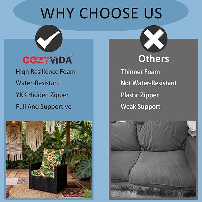 COZYVIDA Outdoor Dining Chair Cushion, Set of 2, 20" x 42",C0 Water-Resistant Breathable Polyester, UV-Resistant 1000+ Hrs, 30D Foam with Recycled Fiber Fill, YKK Zippers, Tropical Floral