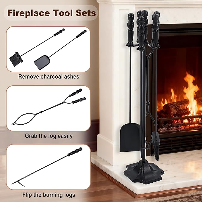 OLIXIS 5 Pcs Fireplace Tools Set Indoor, 32 Inch Wrought Iron Large Fire Place Tool Set with Stand, Fireside Accessories Kit with Poker Brush Shovel Tongs for Outdoor Campfire Fire Pit