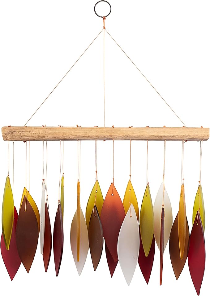 Blue Handworks Fall Leaves Glass & Driftwood Chime, Sandblasted Glass and Found Wood Handcrafted Wind Chime