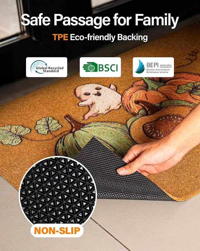 Door Mat Outside Entrance: Fall Door Mat Faux Coir Doormat 17x30 inch for Outdoor Entry - Halloween Cute Funny Door Mats Non-Slip Mats - Welcome Matt Pumpkin Ghost Pattern for Halloween Decor