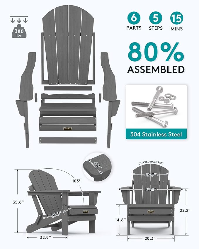 SERWALL Folding Adirondack Chair for Patio Garden Outdoors Fire Pit- (Folding Gray)