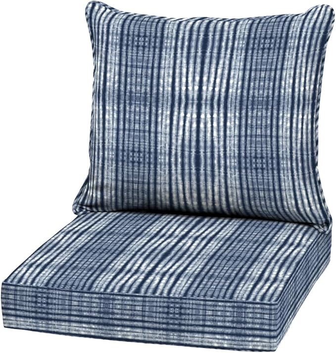 Arden Outdoor Deep Seat Cushion Set, 22 in x 24 in, Weather-Proof, Rain-Proof, Fade Resistant Patio Cushion Blue Shibori Stripe