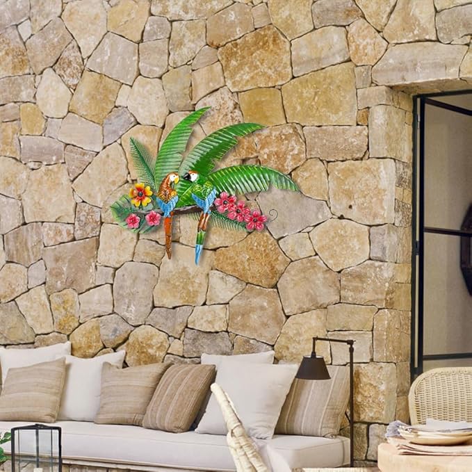 VEWOGARDEN Parrots Wall Decor Large Outdoor Metal Bird Wall Art for Patio Farmhouse Garden Living Room Bedroom Decorations