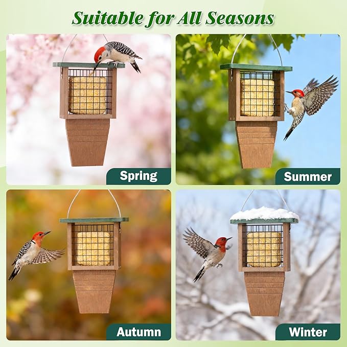 Gtongoko Recycled Plastic Suet Bird Feeder for Outside Hanging, Woodpecker Suet Feeder with Tail Prop, Hanging Suet Holder Birdfeeders, 1 Pack, Green