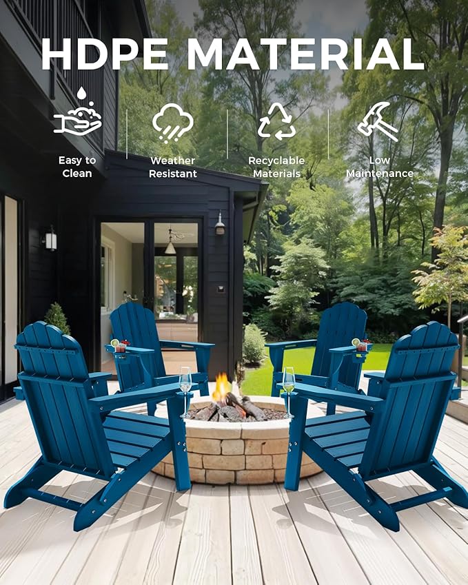 Adirondack Chairs Set of 2, HDPE Material Fire Pit Chairs, Plastic Adirondack Chairs with 2 Cup Holder, Outdoor Lawn Chair for Patio Garden, Navy Blue