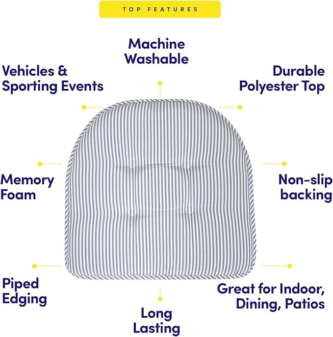 Sweet Home Collection Chair Cushion Memory Foam Pads Tufted Slip Non Skid Rubber Back U-Shaped 17" x 16" Seat Cover, Pinstripe Blue 4 Count