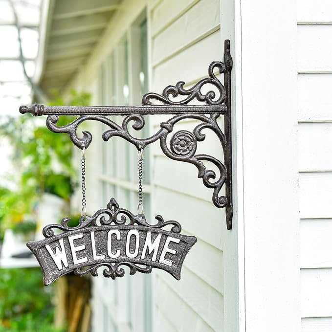Sungmor Vintage Cast Iron Hanging Welcome Sign, Ornate Wall Bracket Hanger Outdoor Welcome Plaues, Rustic Wall Mounted Front Door Hanging Sign, Decorative Garden Yard Sign