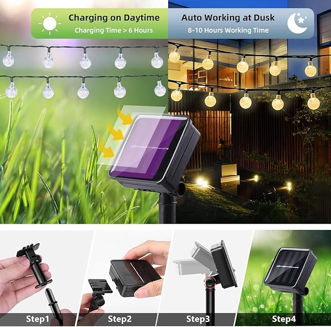 Solar String Lights Outdoor Waterproof, 1 Pack 50 LED 2.3CM 23 FT Each, Solar Powered Patio Lights with 8 Lighting Modes for Garden Yard Porch Wedding Party.. (Warm Color)