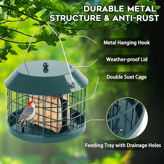 Caged Suet Bird Feeder for Outdoors Hanging, Squirrel Proof Double Suet Feeder for Small Birds, Metal Cage with Detachable Hook, Large Space, Outdoors Weatherproof, Green