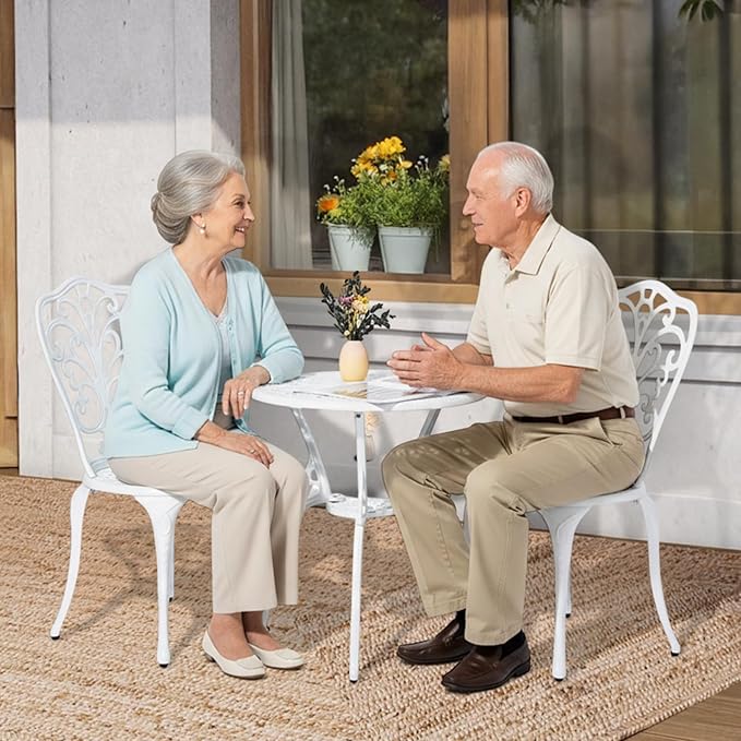 VINGLI 3 PCS Outdoor Bistro Set, Outdoor Patio Set, All-Weather Cast Aluminum Bistro Table Set, Bistro Table and Chairs Set of 2 for Backyard, Garden, Balcony (White, Butterfly)