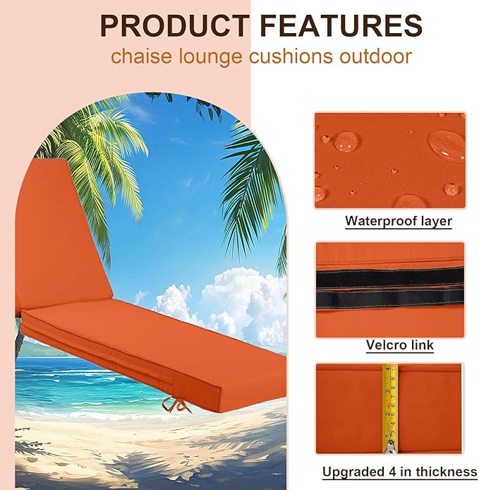 Chaise Lounge Cushions Outdoor Set of 2, Waterproof & Fade Resistant Patio Lounger Cushions, Replacement Sun Lounger Pads with Removable Cover for Pool, Deck, Lawn Furniture