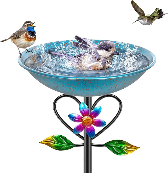 Vintage Metal Bird Bath for Outside, Standing Bird Feerder with Sunflower Love Decoration, Detachable Birdbaths Bowl for Outdoor Yard Lawn Garden Decor (A-Bule)