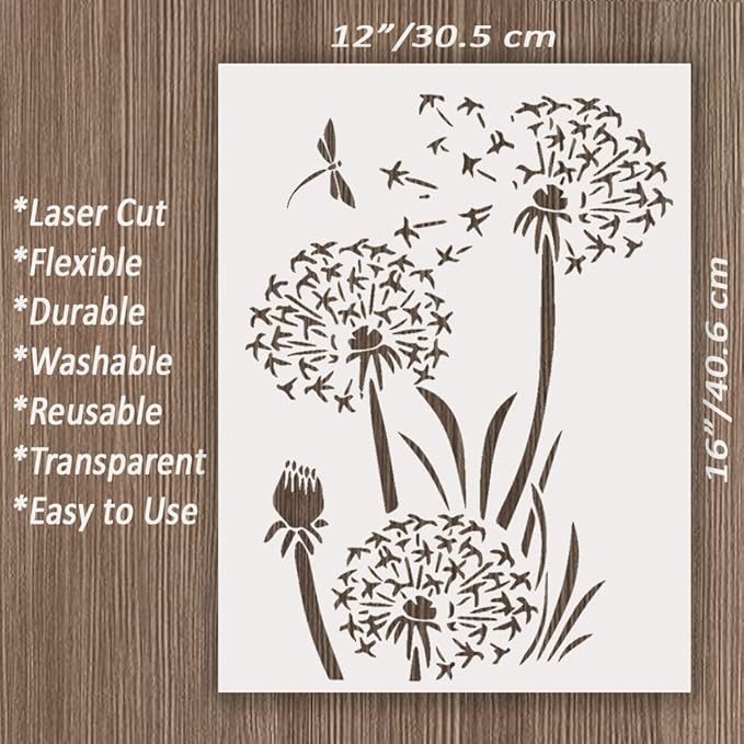 Large 12x15 Inch Dandelion Stencil for Painting on Wood, Canvas - Reusable Drawing Stencils for Crafts, Wall, Art, Furniture - Wildflower Stencil - Stencils Home Décor