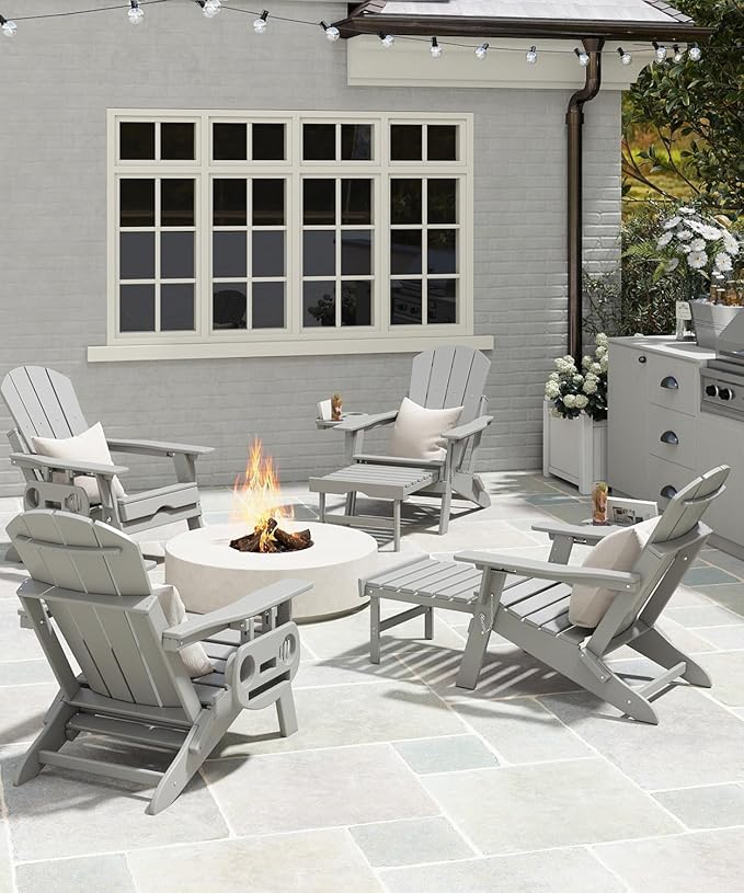 Adjustable Adirondack Chair with Retractable Ottoman Set of 8, HDPE Folding Adirondack Chair with Cup Holder, All Weather Fire Pit Chair for Outdoor.