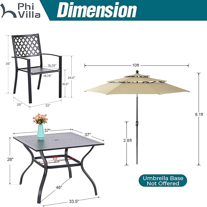 PHI VILLA Outdoor Dining Set 6 PCS with 10ft 3-Layer Round Umbrella(Beige),1 Square 37"x 37"Dining Table,4 Bistro Chairs& 10ft Patio Umbrella