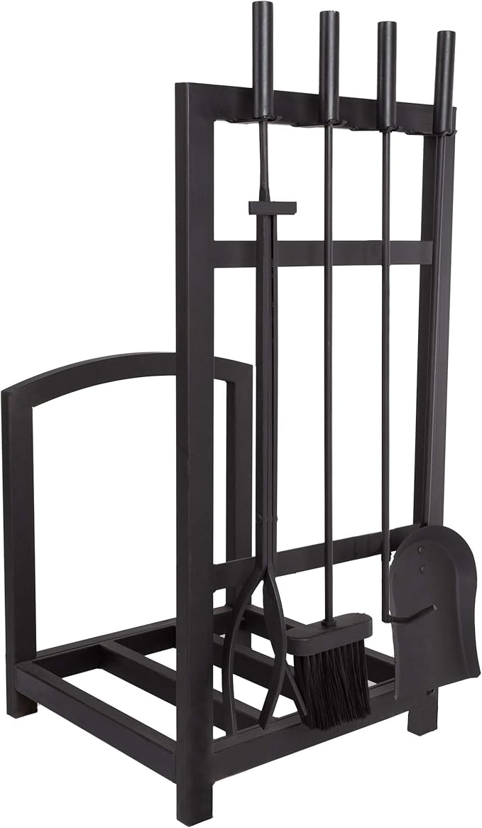 5-Piece Fireplace Tool Set and Log Rack - Mission-Style Firewood Holder with Shovel, Broom, Tongs, and Poker for Hearth by Lavish Home (Matte Black)