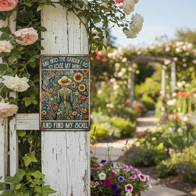 Van Gogh Style Garden Tin Sign - "Into The Garden I Go" Inspirational Metal Plaque with Sunflowers & Girl - 8x12 Aluminum Wall Decor - Metal Sign Artistic Garden Art for Shed, Gardeners, Mom, Women