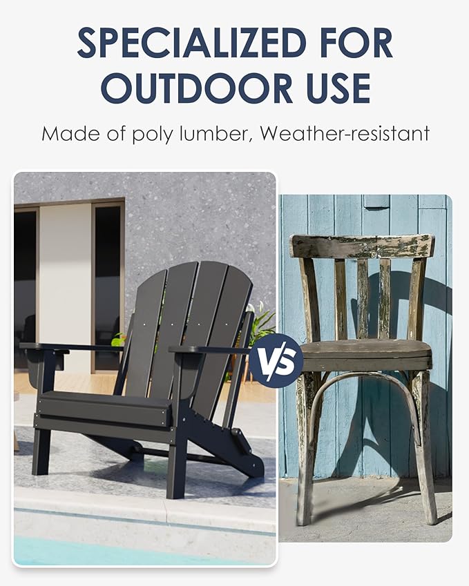 Folding Adirondack Chair Set of 6, All-Weather Resistant HDPE Patio Firepit Seats, Sturdy Outside Seating With Cup Holder, 80% Pre-Installed, Load Capacity 385lb, Black