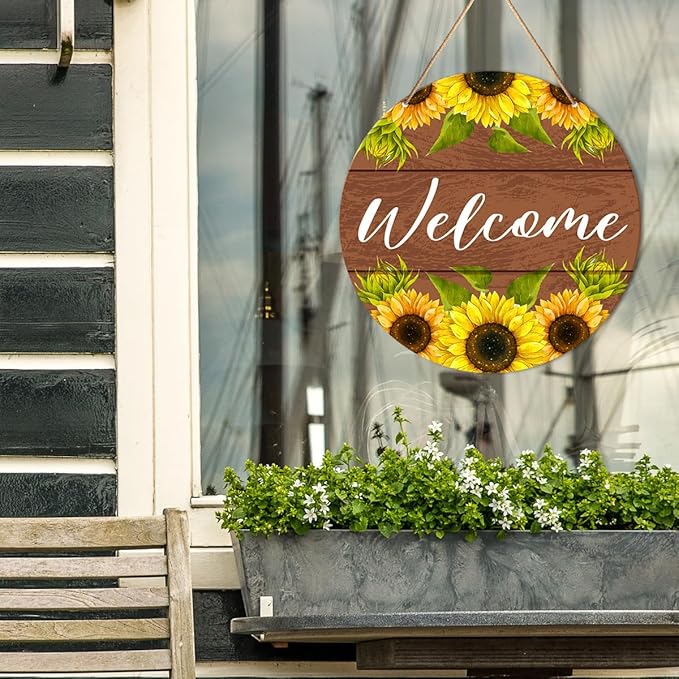 Muktoujaumai Welcome Sign Front Door Decor, Summer Welcome Round Hanging Sign Decor Farmhouse Sunflower Wall Decorations Wood Sign for Door, Porch, Home, Housewarming Gift for New House Friend Family