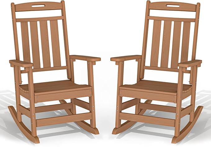 Plawdlik Oversized Outdoor Rocking Chair - All-Weather Resistant,HDPE Heavy Duty Patio Rockers with High Back - Perfect for Porch,Garden,Modern Style Set of 2-Teak