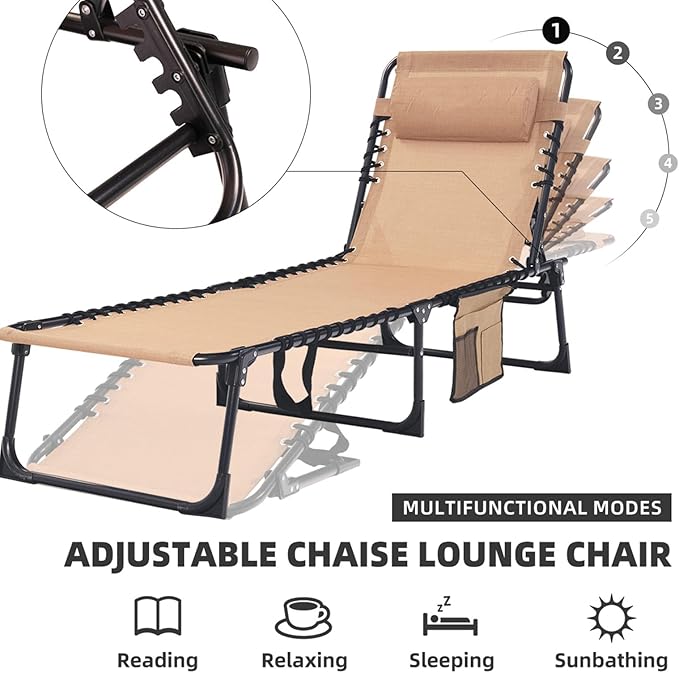 Folding Chaise Lounge Chair Bed - Heavy-Duty 400lb Capacity Portable Adjustable Recliner w/Pillow for Patio, Pool, Camping, Sunbathing - Lay Flat Design (Beige)