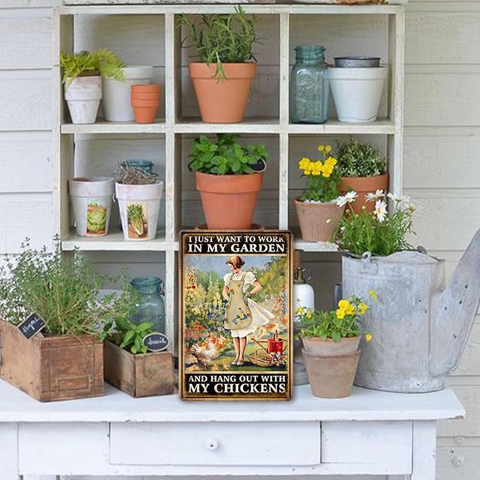 Chicken Signs For Coop Funny Garden Metal Tin Sign Vintage Chicken Sign Decor Farm Signs Outdoor Metal Gardening Girl Poster Tin Sign I Just Want To Work In My Garden And Hang Out With My Chickens
