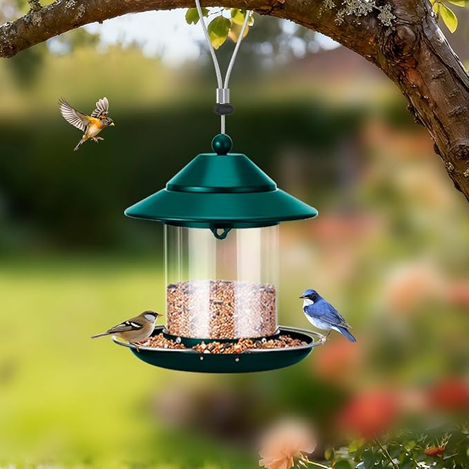 Metal Roof Bird Feeder, Hanging Bird Feeders for Outdoors with 2LB Clear Tube Seed Capacity for Viewing Cardinal Finch, 360° Feeding Small Wild BirdFeeders for Outside Garden Yard Decoration