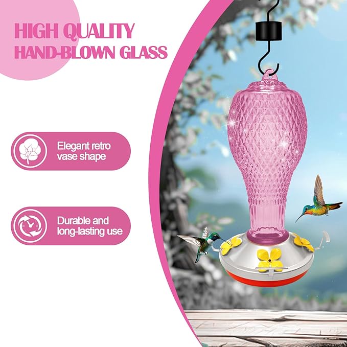 Hummingbird Feeder for Outdoors,17 OZ Glass Humming Bird Feeder for Garden,Backyard Decor,Four Flowers Feeding Ports,Leak Proof,Ant Moat Included,Humming Gifts for Women