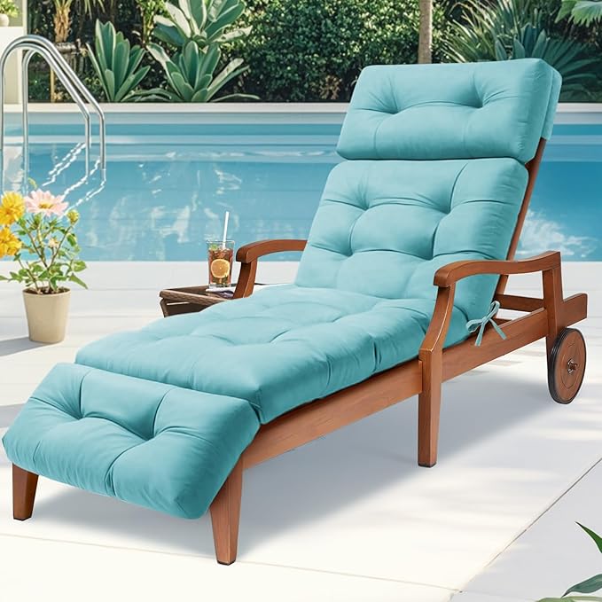 Waterproof Long Lounger Chair Cushion Outdoor Chaise Lounge Chair Cushionswith Ties, Patio Recliner Thickened Lounge Chair Cushions for Indoor 74.4 x 22 x 4.7 Inches, Cushion Only(Lake Blue)