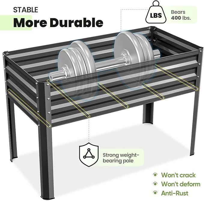 KING BIRD Raised Garden Bed with Irrigation System and Legs Galvanized Elevated Planter Box 48×24×30 in for Backyard, Patio, Balcony, 400lb Capacity, Dark Grey