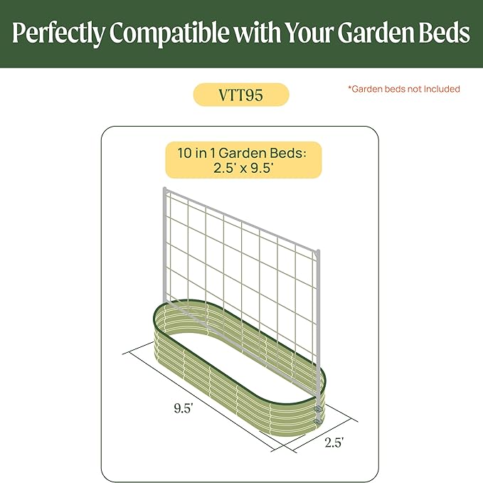 Vego Garden Metal Frame Cucumber Tomato Trellis, Garden Trellis for Climbing Plants Like Cucumber Beans Tomatoes & Vines, 9.5ft Long Metal Trellis for Raised Garden Beds