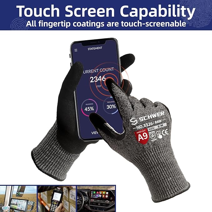 Schwer ProGuard Highest Level Cut Resistant Work Gloves PR3326 for Extreme Protection，ANSI A9 Cut Gloves with Reinforced Thumb, Non Slip, Breathable, Durable, Touch-screen, Non PFAS, Black 1 Pair（S）