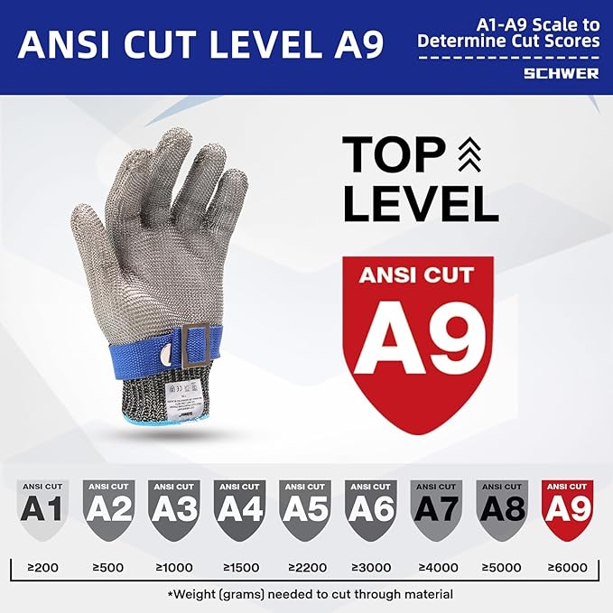 Schwer SlicePro ANSI A9 Cut Resistant Glove PR1706, Stainless Steel Mesh Metal Glove, Food Grade for Kitchen Cooking, Butcher Meat Cutting, Oyster Shucking, Mandoline, (XL, 1 Pair)