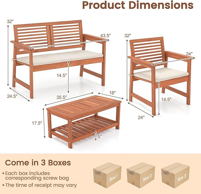 Tangkula 4 Piece Patio Conversation Set, Wood Sofa Set with Soft Seat Cushions, 2-Tier Rectangle Coffee Table, Outdoor Solid Wood Furniture Set for Poolside, Yard, Porch