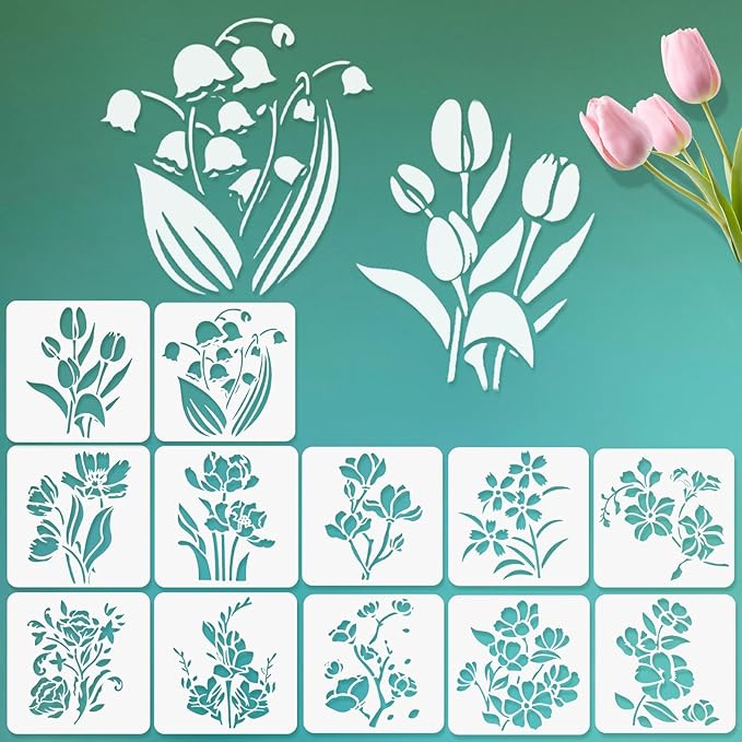 12 Pcs Large Flower Stencils for Painting, 5.12 X 5.12 Inch Flower Stencils for Crafts Reusable, Wood and Wall Stencils for Painting Large Pattern, DIY Templates Holiday Wall Paper (I)