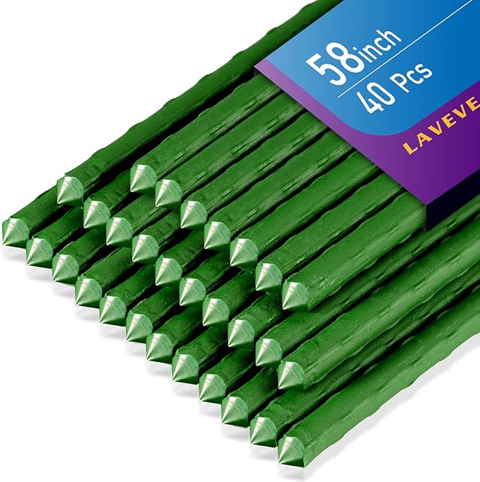 Garden Stakes 58 Inches Heavy Duty Steel Tomato Stake, Plastic Coated Support for Securing Trees, Climbing Plants, Cucumber, Beans, Pack of 40