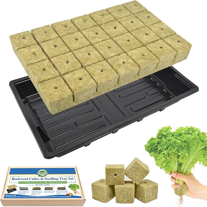 Halatool Seed Starter Kit, Reusable Plant Germination Trays with 28 Pcs Rockwool Cubes, Indoor Greenhouse Gemination for Hydroponic Cuttings Propagation Clone Gardening