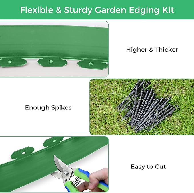 4-Inch x 100 FT Landscape Edging Border with 150 Stakes, Plastic Garden Edging Border Kit, Flexible No Dig Lawn Edging Border for Garden Flower Beds Yard Pathway Paver (Green)