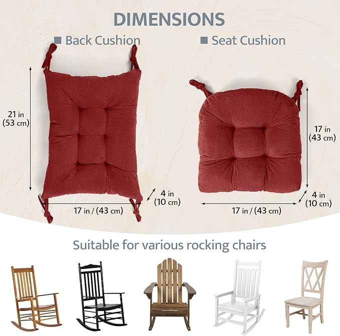 mudilun Rocking Chair Cushion Set - Non-Slip Tufted Rocking Chair Cushions with Ties Soft Indoor/Outdoor Wooden Rocking Chair Seat Pad for Porch Garden Cafe & Nursing
