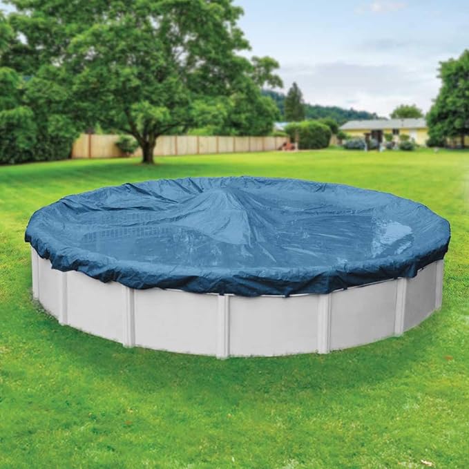 Robelle 21 ft Heavy Duty Blue Winter Pool Cover for Above Ground Pools, 4 ft Overlap (25 ft Cover Size), Solid 8 x 8 Scrim, 2.36 oz/yd2, 10-Year Warranty, Style: 3521-4