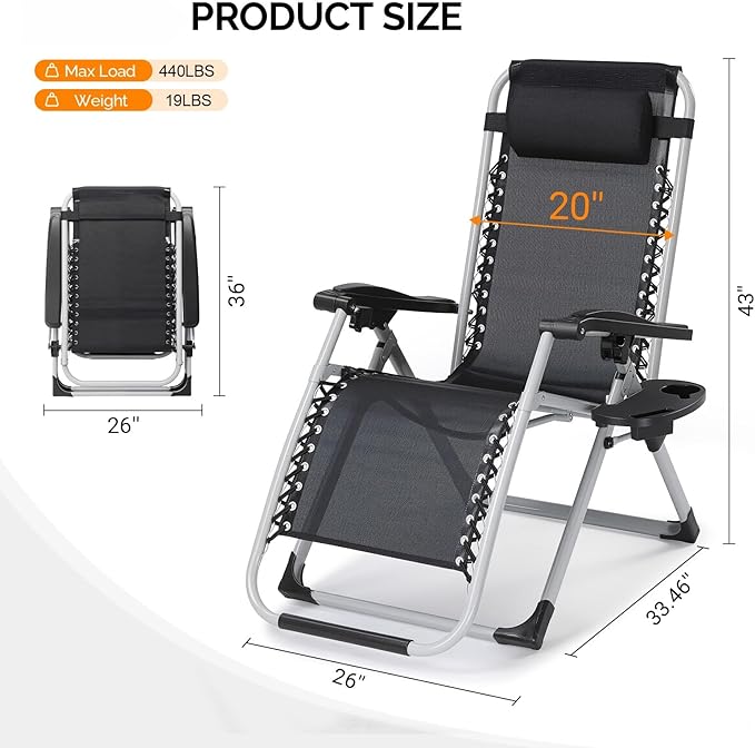 Bonnlo Padded Zero Gravity Chair, Lounge Chair Recliner Chair with Removable Cushion & Tray， Folding Reclining Patio Chairs， Recliner Chair for Lawn，Ptio Indoor and Outdoor