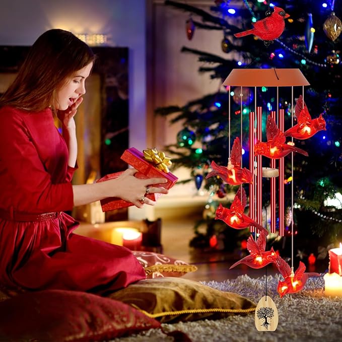 Solar Wind Chimes for Outside, Memorial Cardinal Wind Chimes, 35" LED Windchimes Outdoors Christmas Birthday Cardinal Gifts for Women Mom Grandma Home Garden Decor