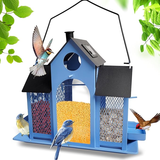 Solar Bird Feeder House for Outside Hanging, Large Capacity Birdhouse Bird Feeders Hanging for Outdoors, Metal Mesh Wild Birdfeeder for Finch Cardinal (Blue and Black)