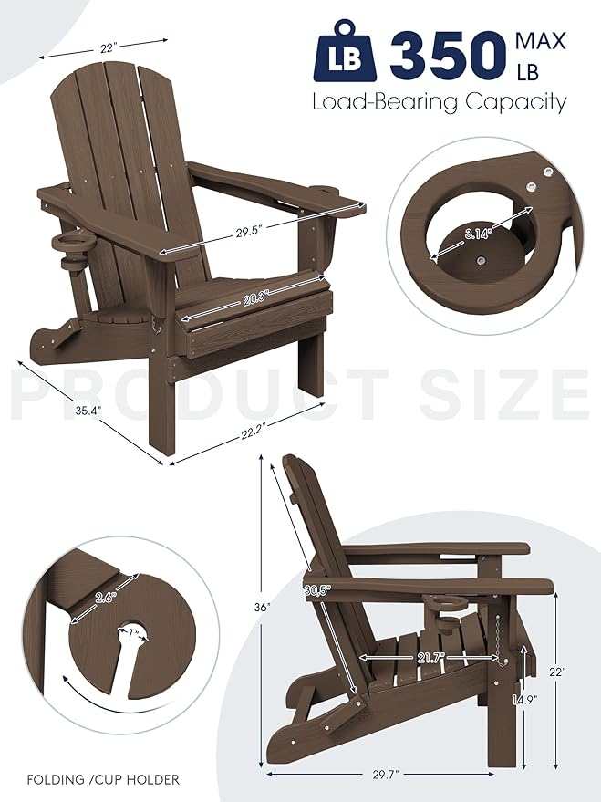 KINGYES Folding Adirondack Chair with Dual Cup Holders - HDPE All-Weather Outdoor Chairs, Wood-Like Patio Chair for Backyard, Camping, Pool & Fire Pit, Coffee